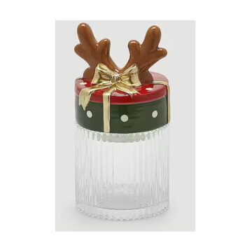 XMAS CONTAINER REINDEER WITH CLEAR BASE, H:21 CM, D:11 CM