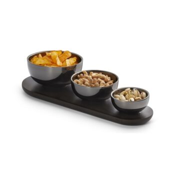TRIO BOWL TRIO WITH WOODEN TRAY, S/S, SHINY BLACK NICKEL, WOODQ