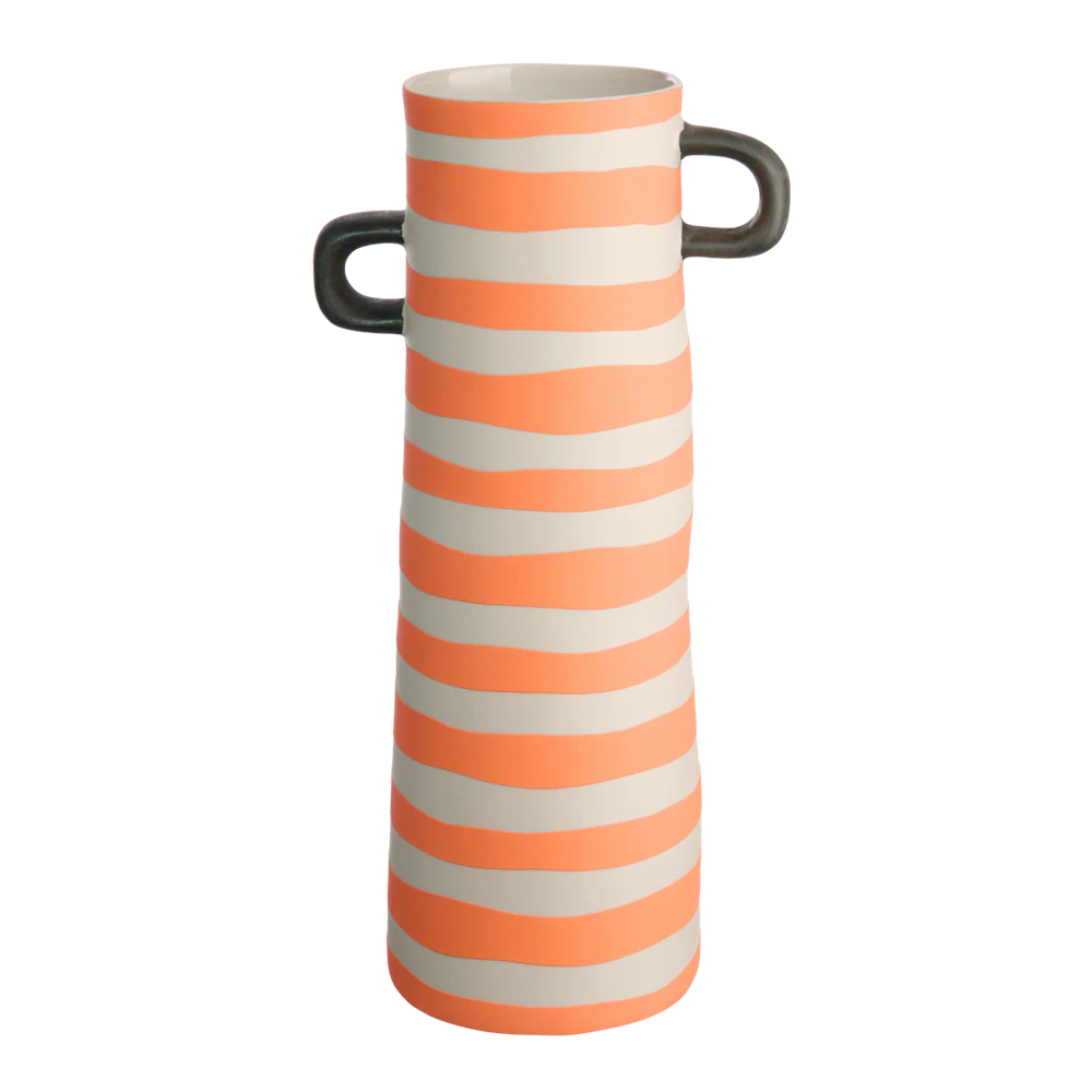 RAYU, VASE ORANGE STRIPPED, STONEWARE H:28 CM, D:10 CM